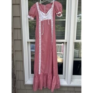 Vintage Red White Gingham Dress  Prairie lace Trim Prarie Americana Maxi